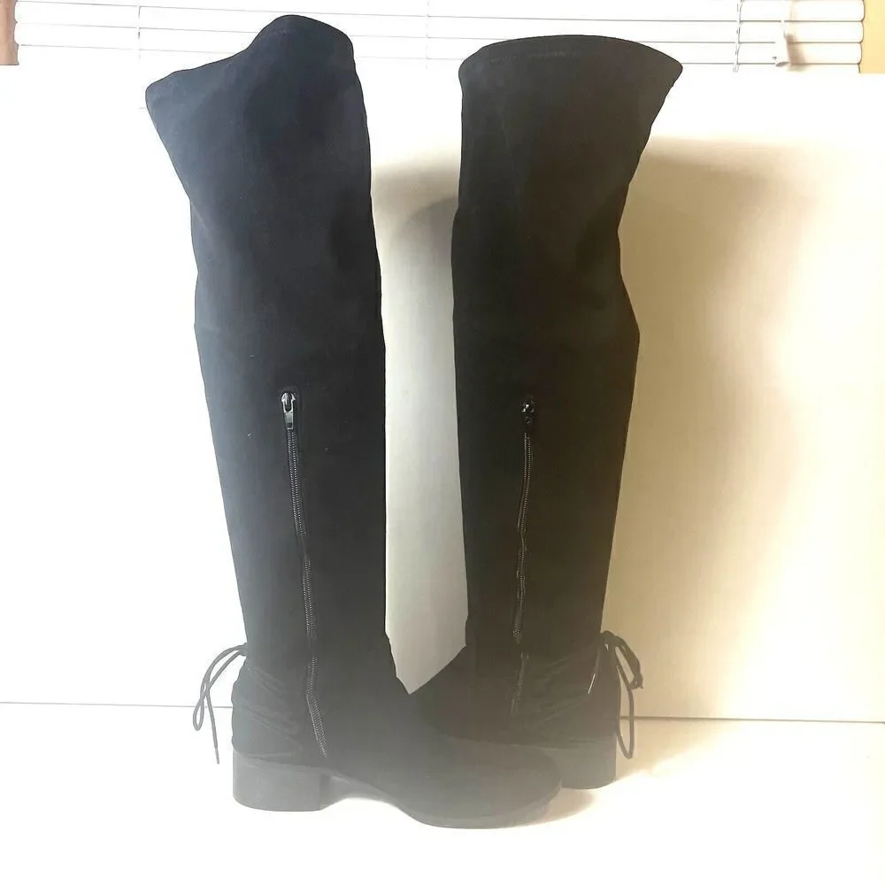 Madden Girl Women 7.5M Black Faux Suede Over The Knee Boots Pull On/Zip Low Heel